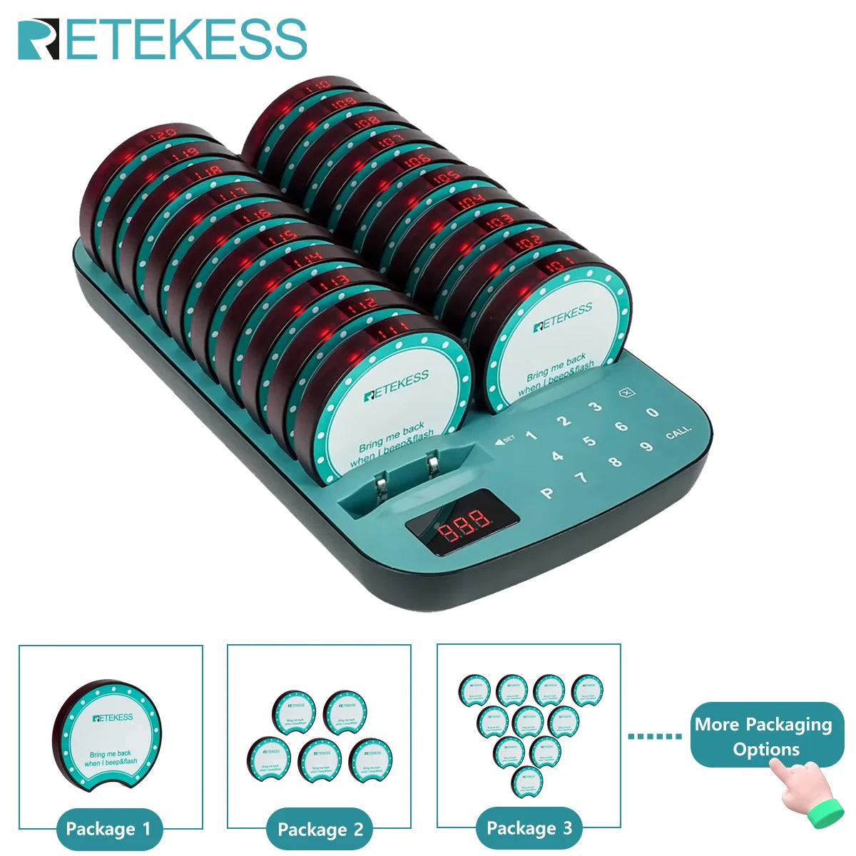 RETEKESS TD167A wireless restaurant pager system with coaster buzzer for food trucks, cafés, and hotels, showing the device and coaster.
