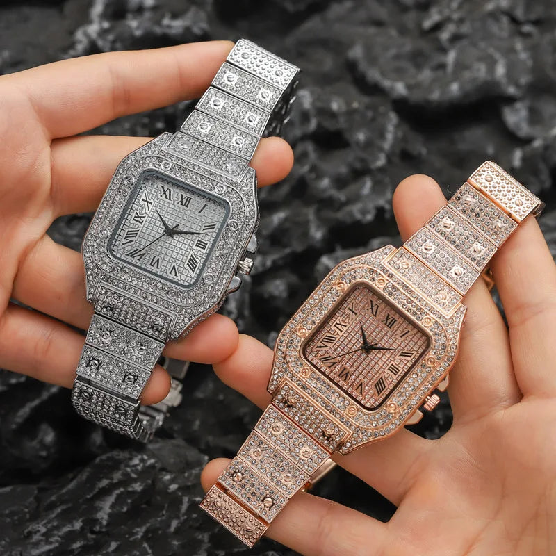 Men's luxury square rhinestone quartz watch with steel strap, stylish business wristwatch by R.E.D. Shopping.