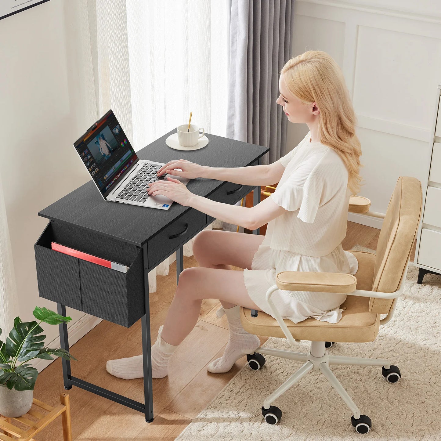 JHK 32" Computer Desk with Fabric Drawers & Side Bag | Modern Home Office