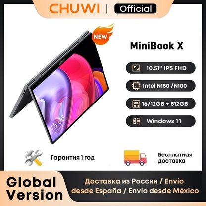 CHUWI MiniBook X 2-in-1 Laptop Tablet – 10.51" FHD Touch, Intel N150/N100, 12/16GB LPDDR5, 512GB SSD, Win 11