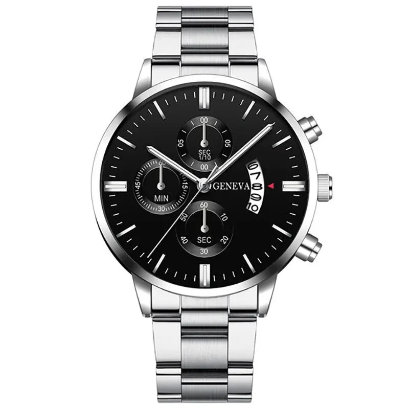 Men’s luxury stainless steel quartz wristwatch with calendar display, elegant business watch designed for men by R.E.D. Shopping.