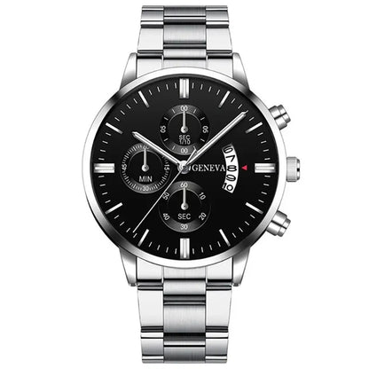 Men’s luxury stainless steel quartz wristwatch with calendar display, elegant business watch designed for men by R.E.D. Shopping.