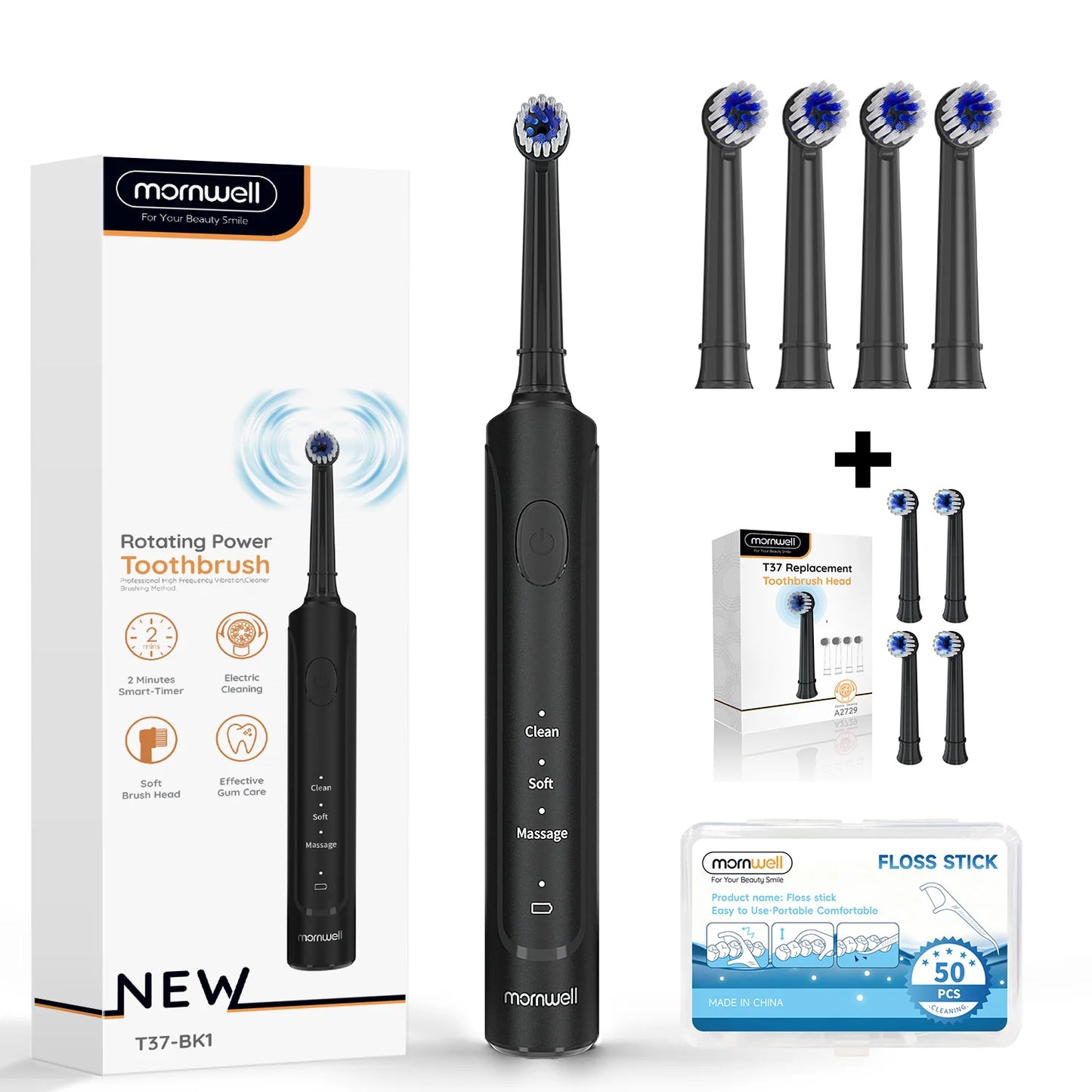 Electric Toothbrush T37 Sonic – 3 Modes, Rotation Clean with 4 Replacement Heads