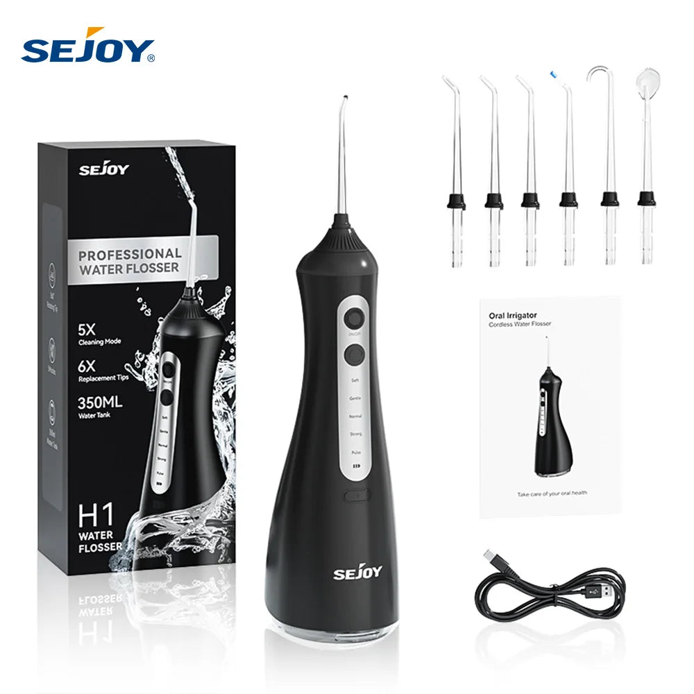 Sejoy Electric Water Dental Flosser – 350ml, 6 Modes, IPX7, 4 Nozzles, Cordless