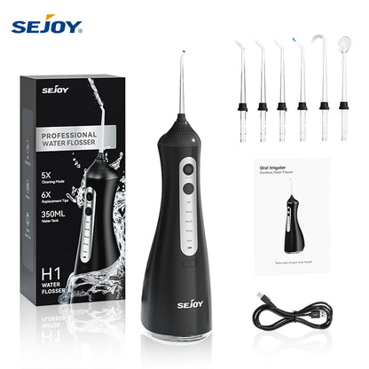 Sejoy Electric Water Dental Flosser – 350ml, 6 Modes, IPX7, 4 Nozzles, Cordless