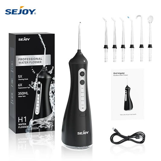 Sejoy Electric Water Dental Flosser – 350ml, 6 Modes, IPX7, 4 Nozzles, Cordless