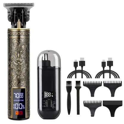 Men's grooming set featuring a nose and ear hair trimmer and T9 hair clipper from R.E.D. Shopping, USB rechargeable, compact design.