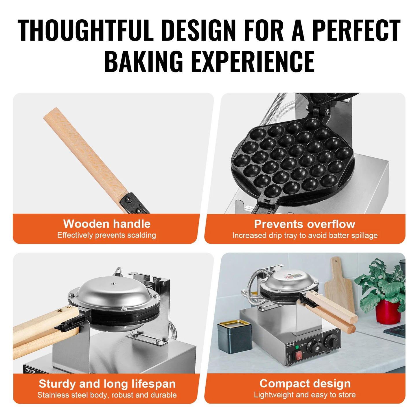 SucceBuy 1400W Commercial Egg Bubble Waffle Maker – 180° Rotatable Non-Stick