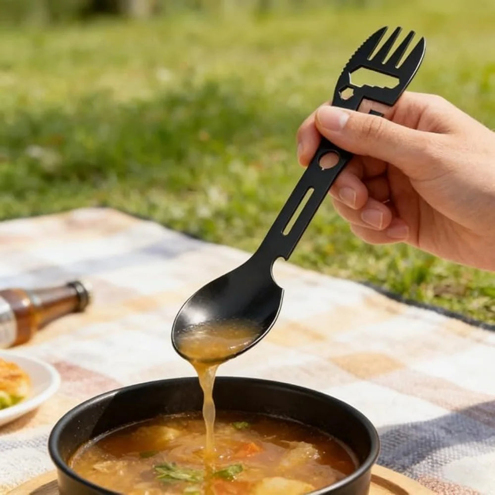 5-in-1 Camping Utensils Set | 316L Stainless Steel Fork, Knife, Spoon & Bottle Opener