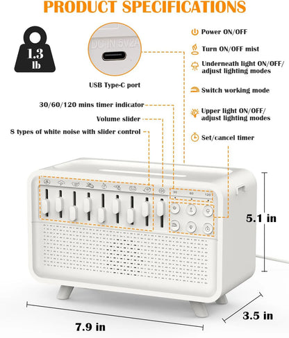 3-in-1 Bluetooth Speaker, White Noise Night Light & Humidifier – 8 Nature Sounds Sleep Machine
