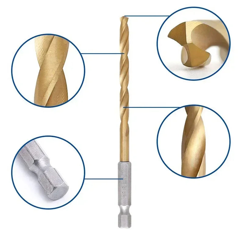 13/16-Piece HSS Titanium Coated Drill Bit Set – 1/4" Hex Shank 1.5–6.5mm