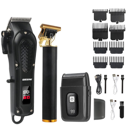 Red Shopping T9 Vintage men's electric hair clipper with rechargeable beard and nose trimmer kit, showing various grooming attachments.