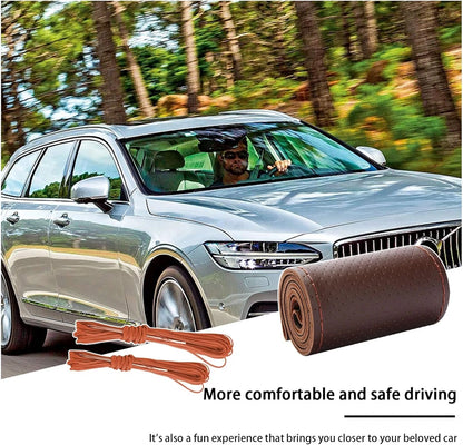 Genuine Leather Braid Steering Wheel Cover | 38cm Hand-Sewn Cowhide with Needles & Thread