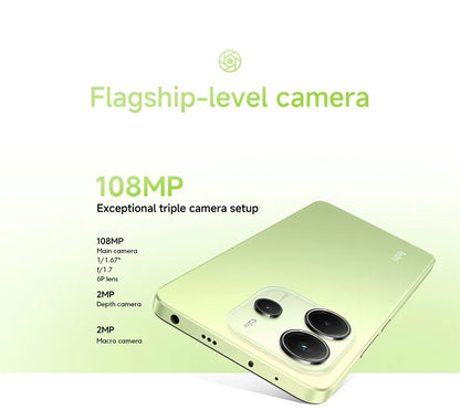 Xiaomi Redmi Note 14 smartphone with 120Hz display and 108MP camera, showcasing sleek design and screen details.