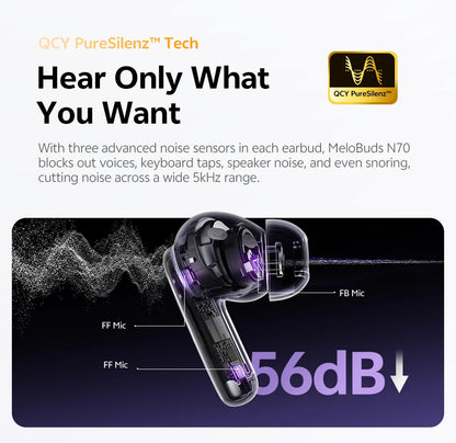 QCY MeloBuds N70 Wireless Earbuds – ANC, Bluetooth 6.0, LDAC, 50H, IPX5