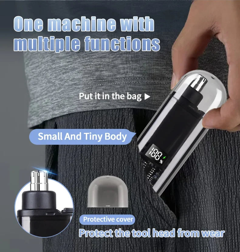 R.E.D. Shopping men's grooming set with nose and ear hair trimmer and T9 hair clipper, USB rechargeable, shown on a countertop.