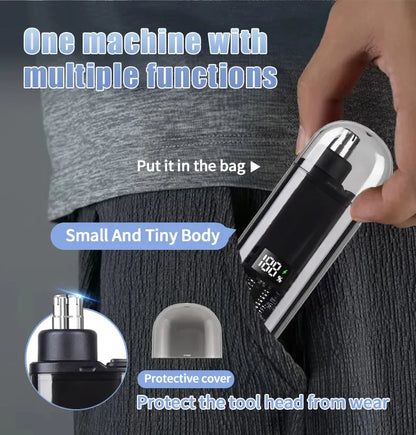 R.E.D. Shopping men's grooming set with nose and ear hair trimmer and T9 hair clipper, USB rechargeable, shown on a countertop.