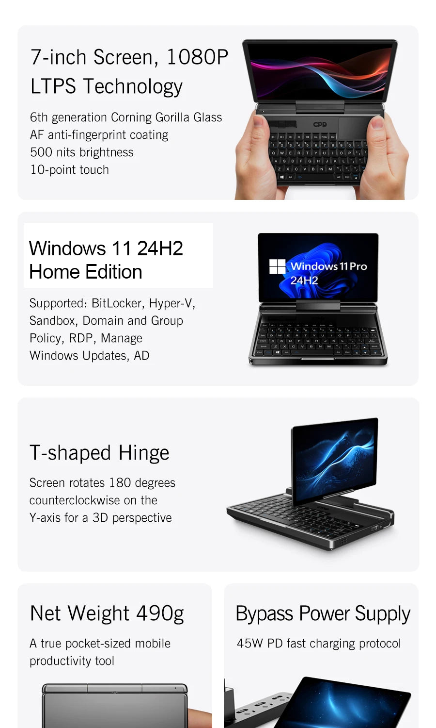 GPD MicroPC 2 – 7" Mini Laptop, Intel i3 N300, 16GB DDR5, 512GB SSD, Windows 11