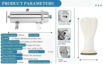 Whole House UF Water Purifier – 0.01μm PVDF Membrane, 1500L Stainless Steel Mineral Filter