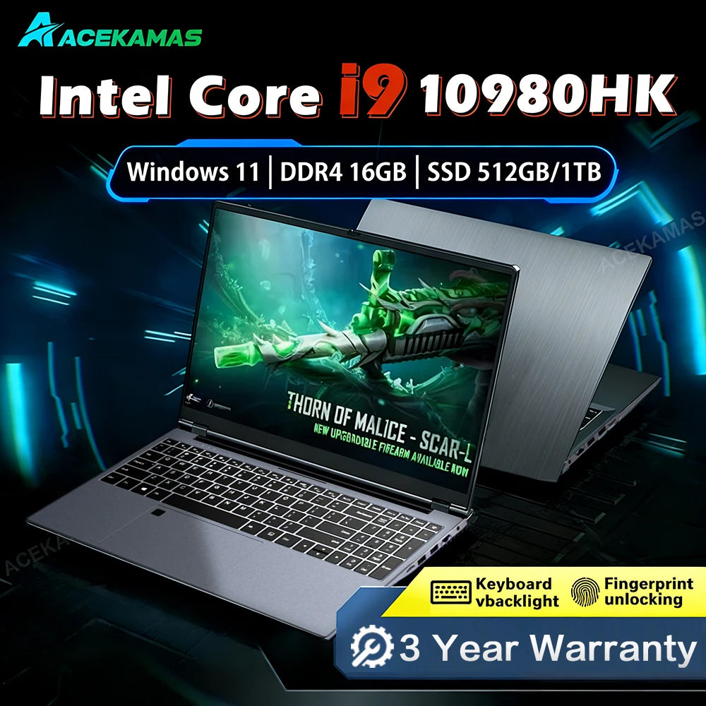ACEKAMAS Gaming Laptop 15.6" – Intel Core i9 10980HK, 16GB DDR4, up to 2TB SSD, Windows 11 Pro