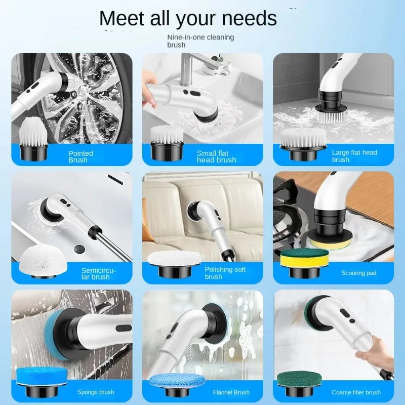 9-in-1 Multifunctional Electric Cleaning Brush – Telescopic Handle, Bathroom, Floor & Kitchen