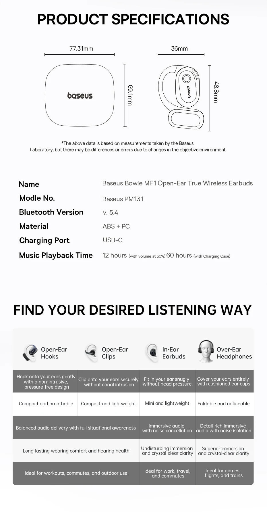 Baseus Bowie MF1 Open-Ear Sport Wireless Earphones – Bluetooth 5.4, 60Hrs, 4-Mic ENC, IPX4