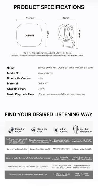 Baseus Bowie MF1 Open-Ear Sport Wireless Earphones – Bluetooth 5.4, 60Hrs, 4-Mic ENC, IPX4