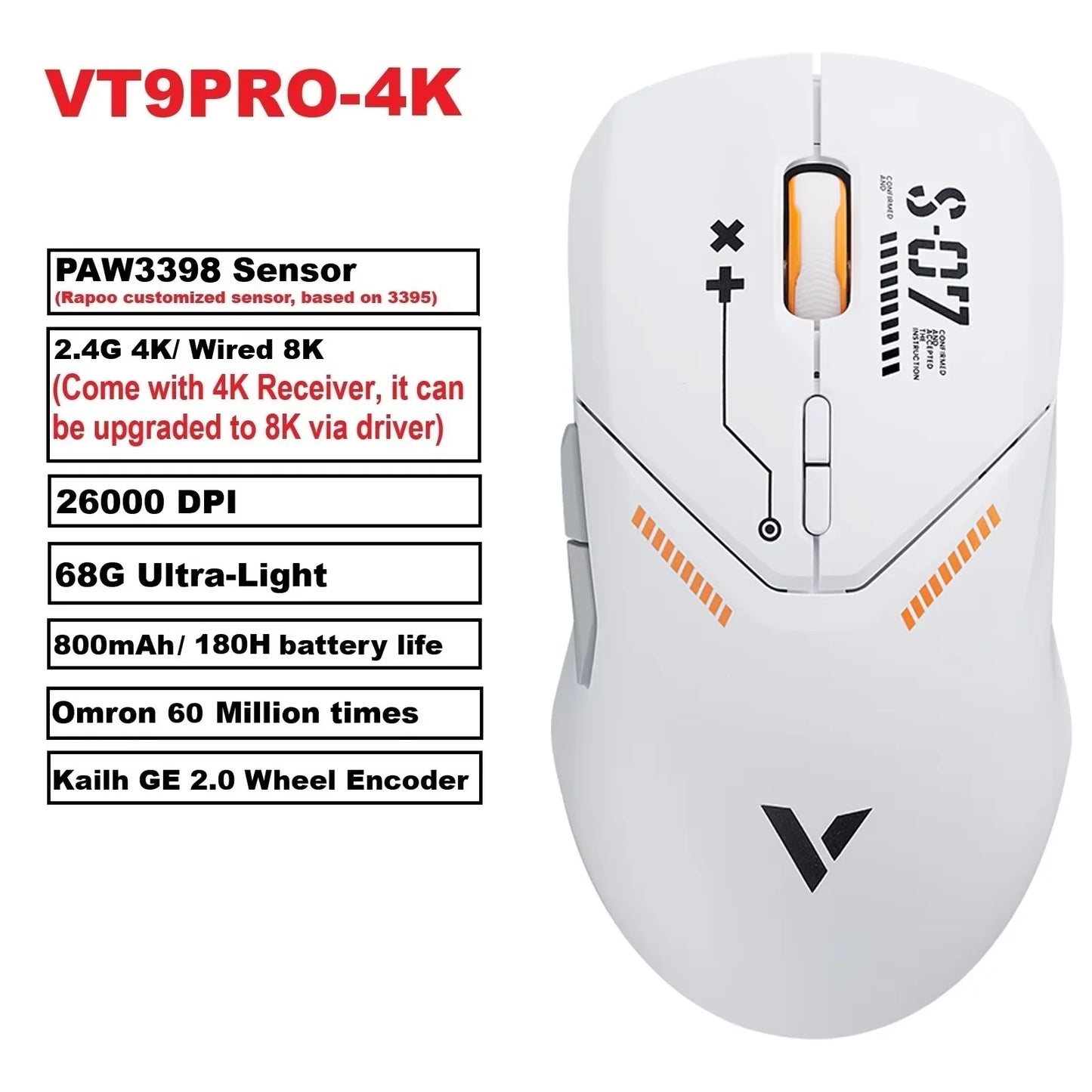 Rapoo VT9PRO Wireless Gaming Mouse – 68g Ultra-Light, PAW3395 26000DPI, 8K Polling, 8 Buttons