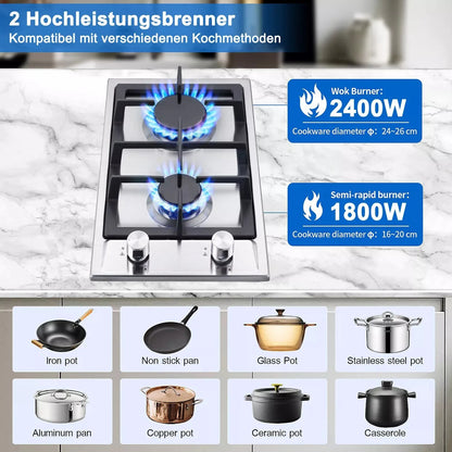 TopStrong 2-Burner Gas Hob | NG & LPG | Auto Flame Protection | Built-in | EU