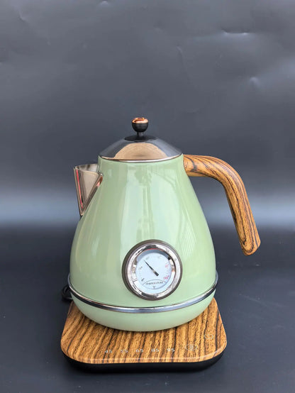 Vintage Wooden Grain Electric Kettle – 1.7L, 304 Stainless Steel, Temperature Control, 220V