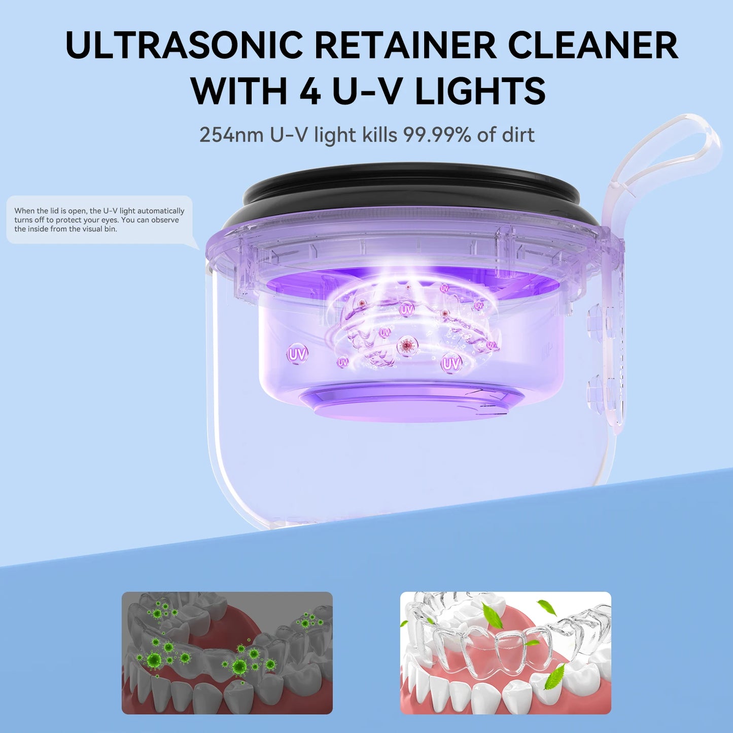 KUNPHY Dental Pod Ultrasonic Retainer Cleaner 200ml – UV Sterilization, 3 Modes for Aligners & Night Guards