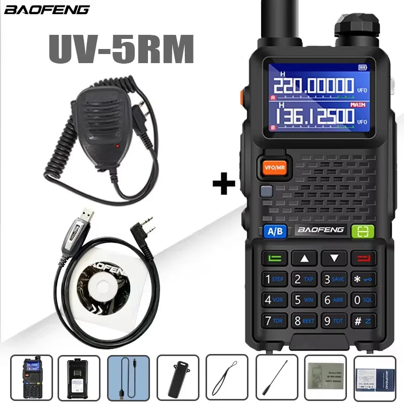 Baofeng UV-5RM walkie talkie with four-band radio, large 3800mAh battery, and digital display, used for two-way communication.
