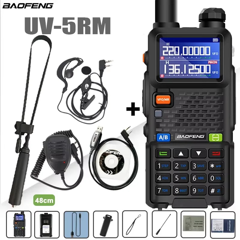 Baofeng UV-5RM four-band walkie talkie with 999 channels and 3800mAh battery, handheld two-way radio for communication.