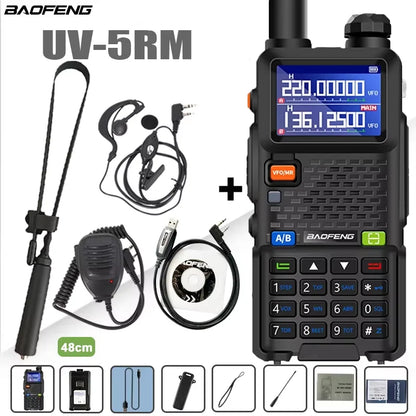 Baofeng UV-5RM four-band walkie talkie with 999 channels and 3800mAh battery, handheld two-way radio for communication.