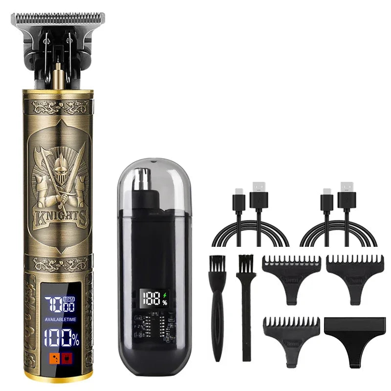 R.E.D. men's grooming set with nose and ear hair trimmer and T9 hair clipper, USB rechargeable, on a white background.