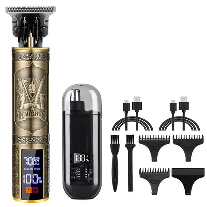 R.E.D. men's grooming set with nose and ear hair trimmer and T9 hair clipper, USB rechargeable, on a white background.