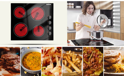 Karinear 4-Burner Electric Cooktop 24" | 6000W | 220-240V | Knob Control