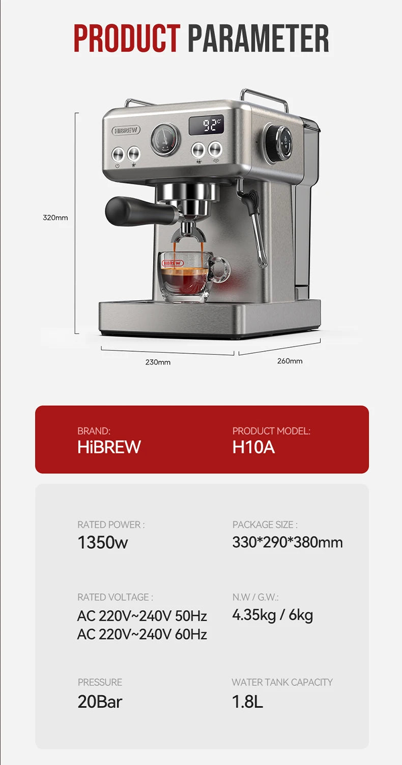 HiBREW H10A 20Bar Semi-Automatic Espresso Machine – 58mm Portafilter, Metal Case