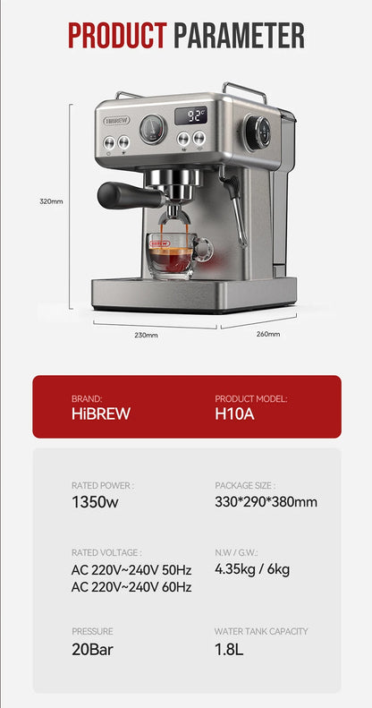 HiBREW H10A 20Bar Semi-Automatic Espresso Machine – 58mm Portafilter, Metal Case