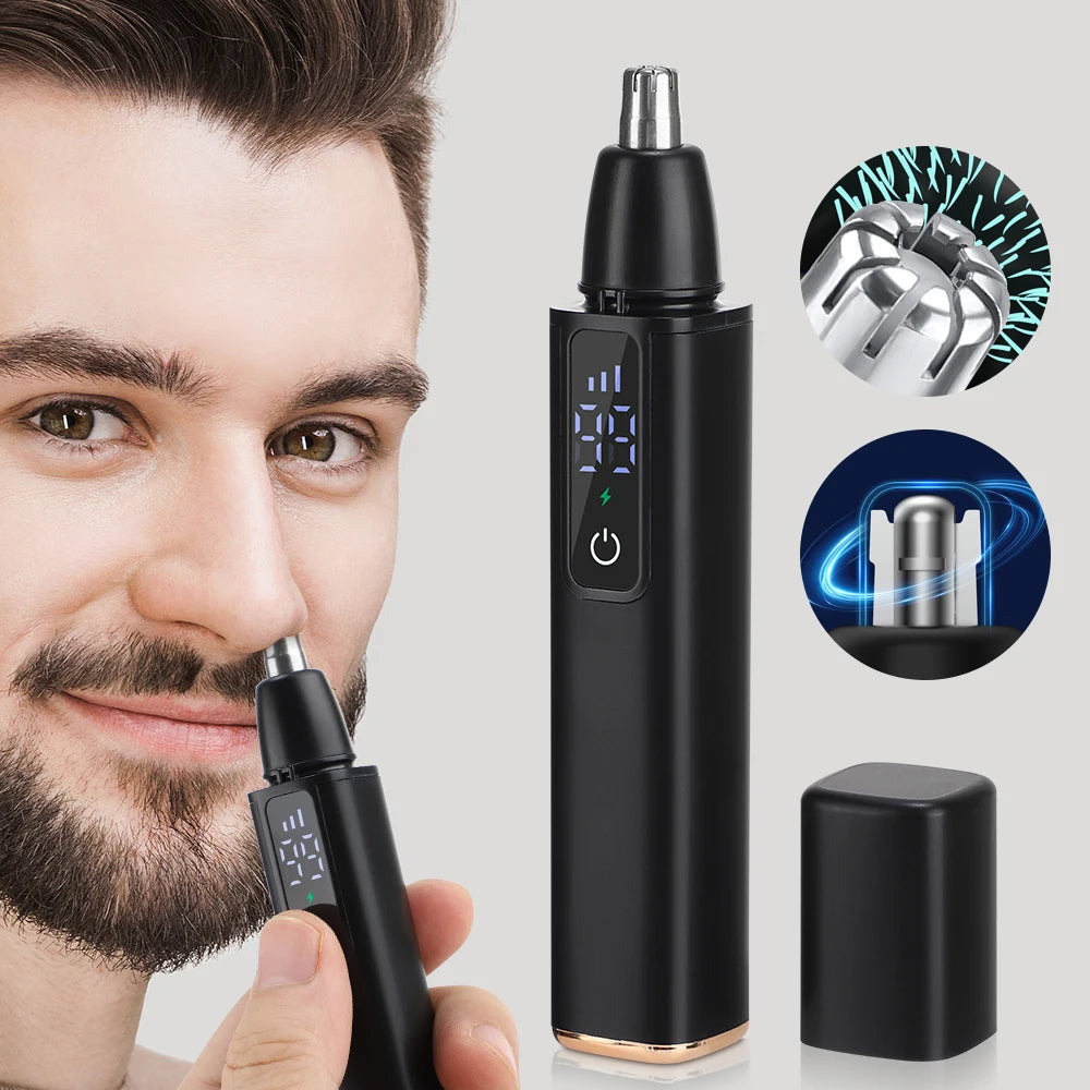 Rechargeable electric nose hair clipper with stainless steel blades, washable unisex trimmer for eyebrows, lips, and grooming.