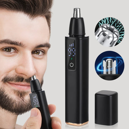 Rechargeable electric nose hair clipper with stainless steel blades, washable unisex trimmer for eyebrows, lips, and grooming.