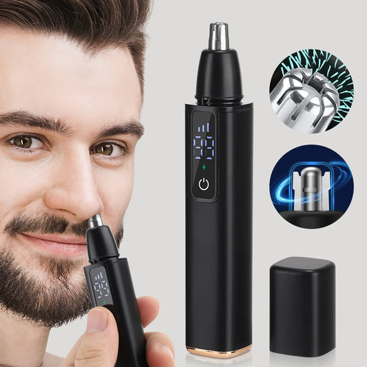 Rechargeable electric nose hair clipper with stainless steel blades, washable unisex trimmer for eyebrows, lips, and grooming.