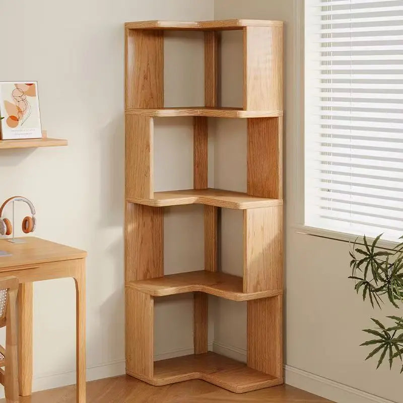 Solid wood corner bookshelf rack by R.E.D. Shopping, multi-layer storage standing shelf for home living room organization.