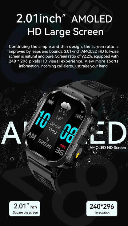 LAXASFIT Outdoor Smart Watch 2025 – 2.01" HD Screen, LED Flashlight, Bluetooth Voice Call