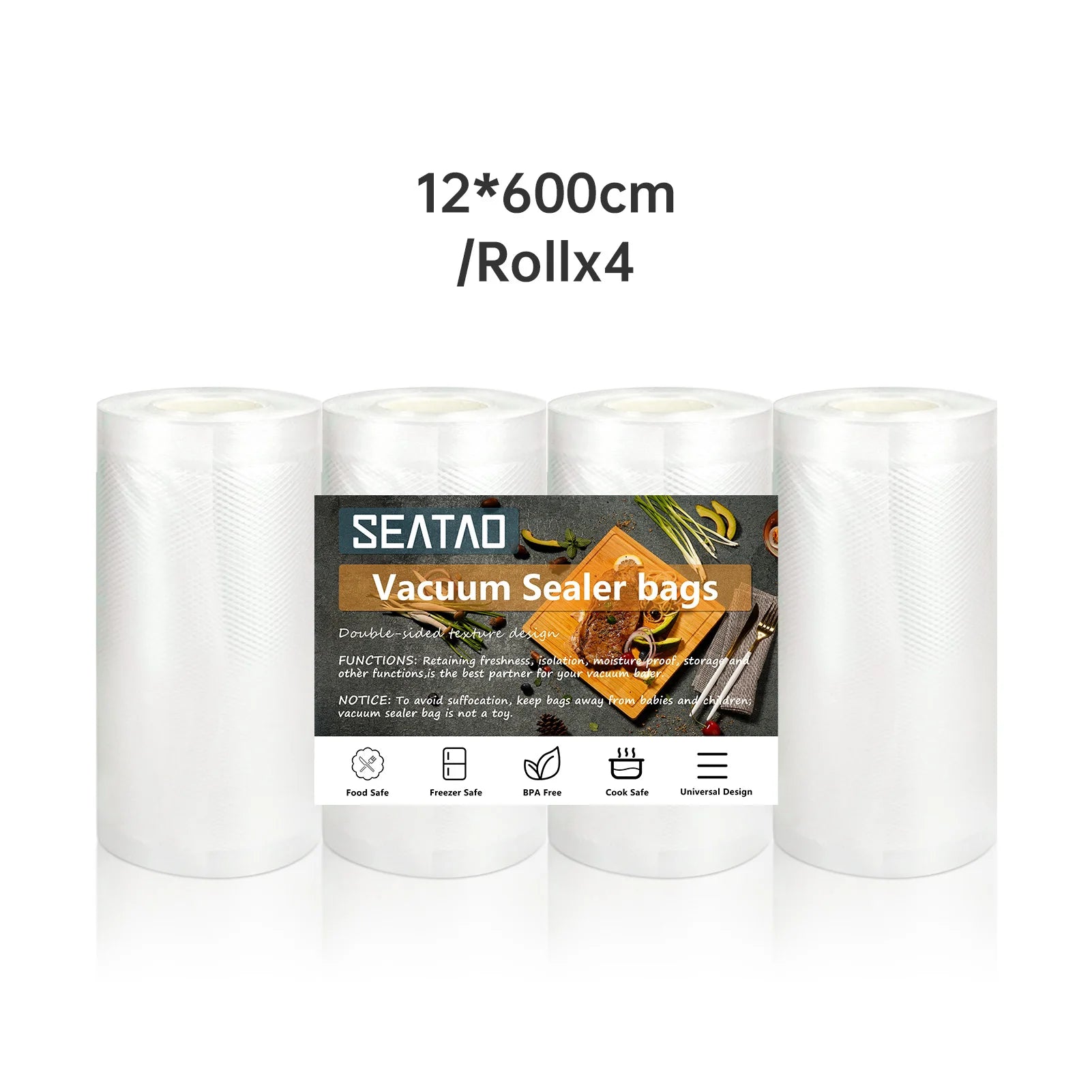 Rolls of SEATAO vacuum food storage bags in various sizes, designed for vacuum sealers to keep food fresh longer.