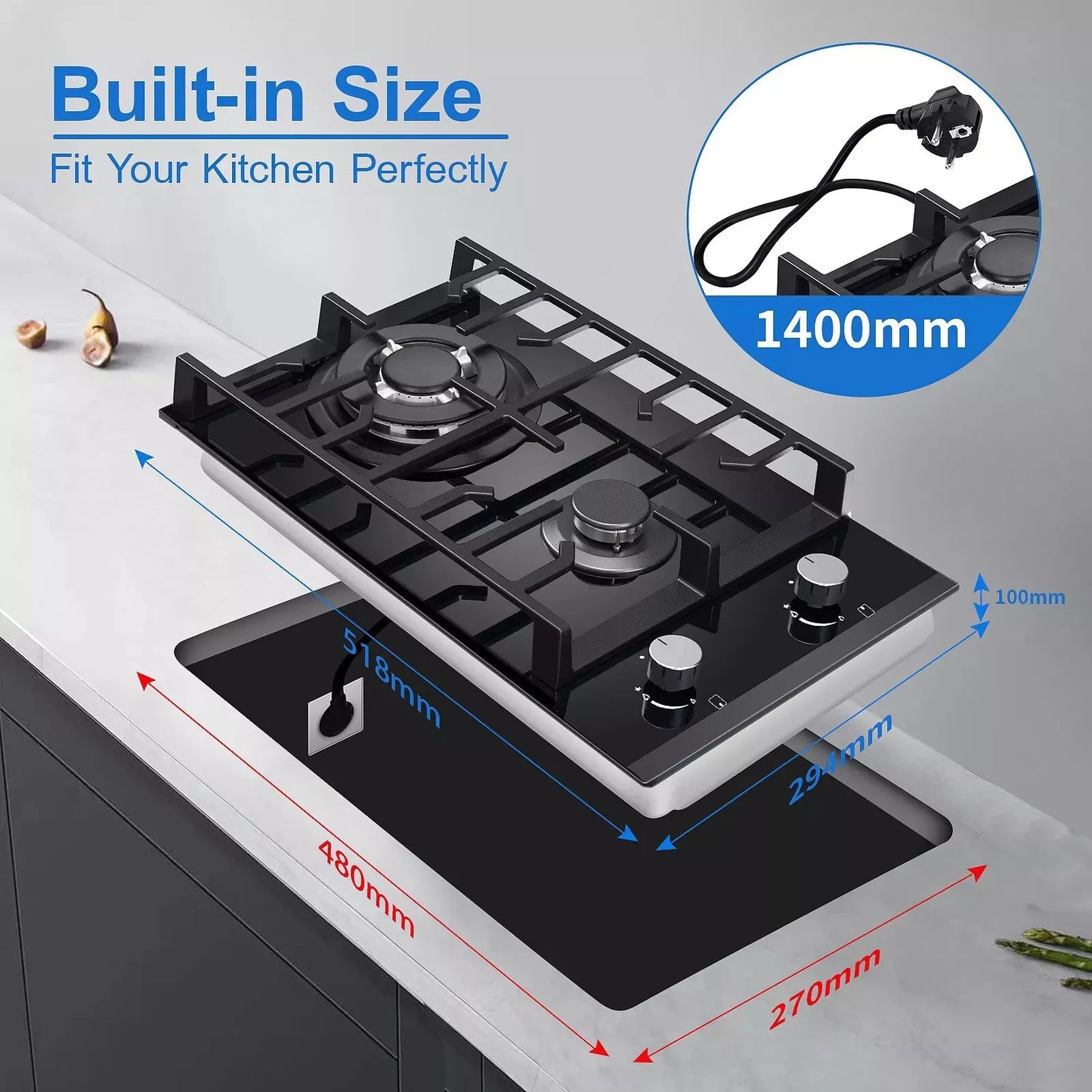 TopStrong 2-Burner Built-In Gas Hob 30cm – Tempered Glass, NG/LPG Dual Fuel (UKGCT-B02)