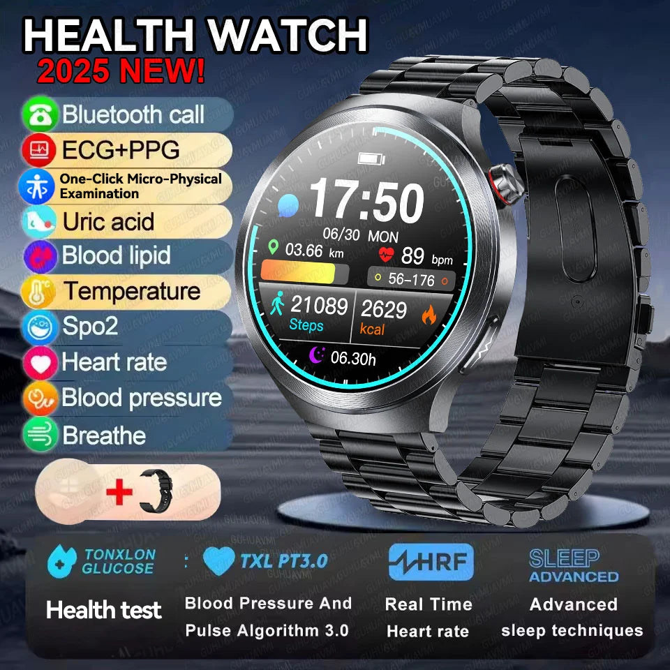 2025 Health Smart Watch – ECG+PPG, Blood Pressure, Blood Oxygen, Uric Acid, Bluetooth Call