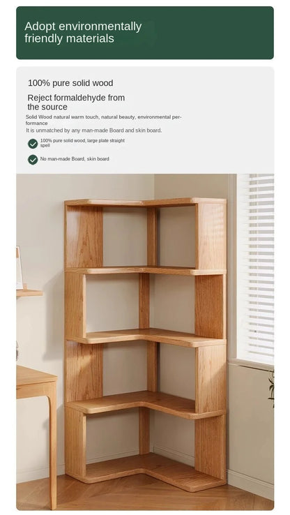 Solid wood corner bookshelf rack by R.E.D. Shopping with multiple shelves for home living room storage and organization.