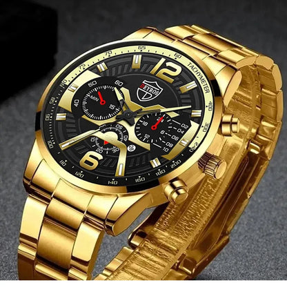 R.E.D. Shopping DEYROS 5-piece men's watch and jewelry gift set with quartz calendar watch, necklace, and bracelet displayed on white background.
