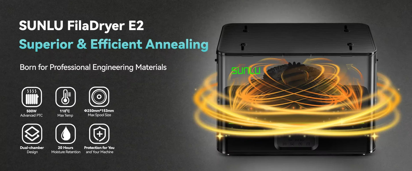 SUNLU E2 Filament Dryer Box – Dual Chamber, Up to 110°C, 1.75mm & 2.85mm, 2x1KG Capacity
